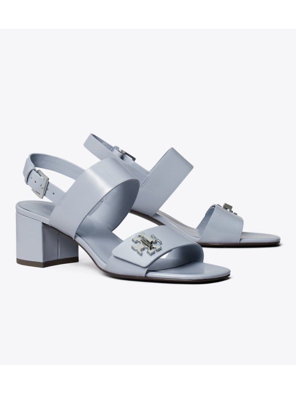 Tory Burch Turnlock Slingback Sandals Women's Blue Leather Block Heel Open Toe